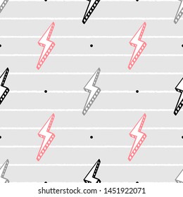 Lightning Bolt Signs Vector Seamless Pattern. Striped Background with Doodle Thunderbolts