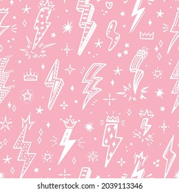 Lightning Bolt Signs Vector Seamless Pattern. Pink White Background with Hand Drawn Doodle Thunderbolts with crowns. Great for Girl Power design