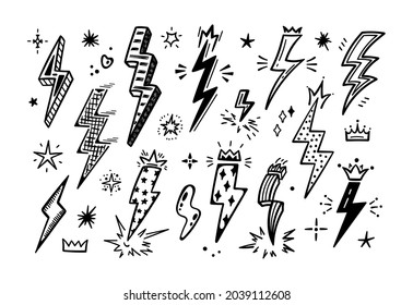 Lightning Bolt Signs Vector Set. Hand Drawn Doodle Thunderbolts with crowns. Great for Girl Power design