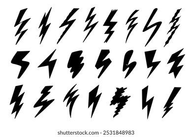 Lightning bolt silhouette. Black electric shock and energy power signs, thunderbolt arrow and flash hand drawn sketch retro style. Vector isolated set.