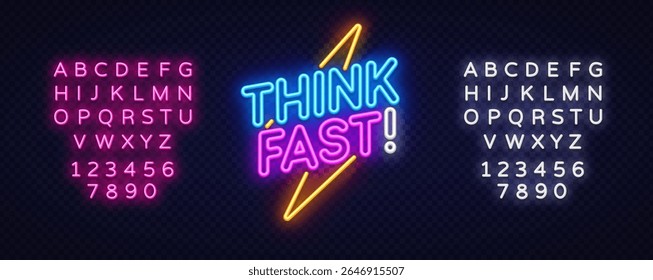 Lightning bolt splits THINK FAST. in high-contrast neon shades of blue, pink, and yellow.