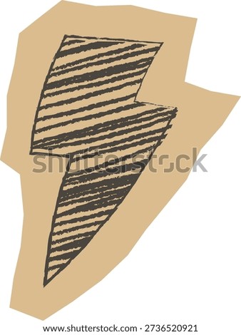 Lightning bolt sticker with rough hatch texture on torn paper shape, hand drawn and grungy. Symbol of energy, power, speed, and bold note accent. Cartoon vector illustration.