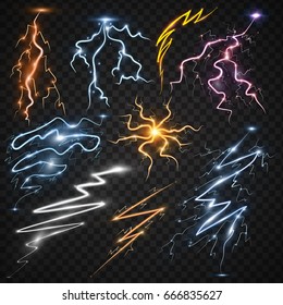 Lightning bolt storm strike realistic 3d light thunder-storm magic and bright lighting effects vector illustration.