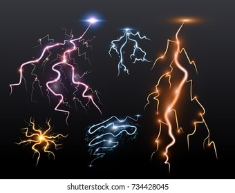 Lightning bolt storm strike realistic 3d light thunder-storm magic and bright lighting effects vector illustration.