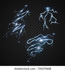 Lightning bolt storm strike realistic 3d light thunder-storm magic and bright lighting effects vector illustration.