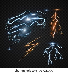 Lightning bolt storm strike realistic 3d light thunder-storm magic and bright lighting effects vector illustration.