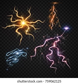 Lightning bolt storm strike realistic 3d light thunder-storm magic and bright lighting effects vector illustration.