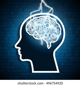 Lightning bolt strike in the human brain gears. Intelligence concept.
