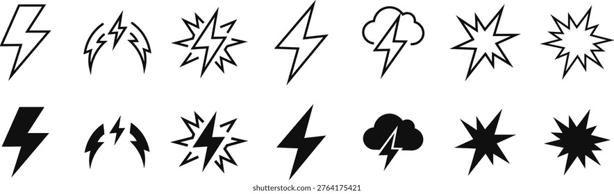 Lightning bolt strike icon set includes electric power spark symbols and thunder storm cloud designs for energy charge or weather forecast. High voltage flash icons represent fast speed current impact and heavy climate hazards. Collection of bold flash shapes and outline rays.