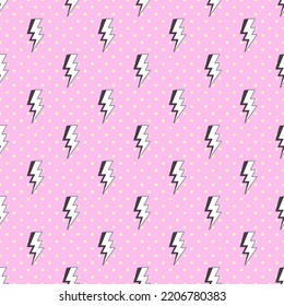 Lightning bolt strike on pink polka dot background. Pink seamless pattern vector.