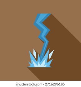 Lightning bolt striking ground, creating bright flash and shockwave, in flat design with long shadow 