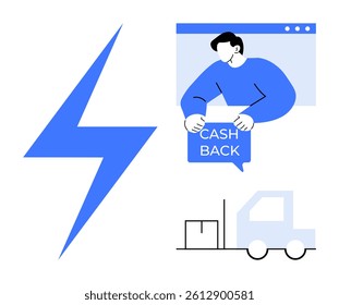 A lightning bolt symbol, a person in a web window holding a cashback sign, and a delivery truck with boxes. Ideal for e-commerce, logistics, fast delivery, cashback promotions, and online shopping