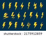 Lightning bolt symbol. Thunder strike, speed flash and thunderbolts shapes. Electricity and charging icons vector set. Yellow energy bolt elements for danger warning, battery signs