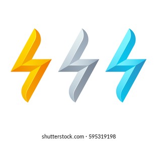 Lightning bolt symbol in yellow, metallic silver and blue. Vector logo set isolated on white.