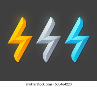 Lightning Bolt Symbol In Yellow, Metallic Silver And Blue. Logo Or Icon Vector Illustration.