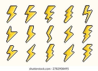 Lightning bolt symbols in multiple poses with crisp pixel edges and halftone shading. Energy, power, speed, and electricity concept for gaming and tech themes. Cartoon vector illustration.
