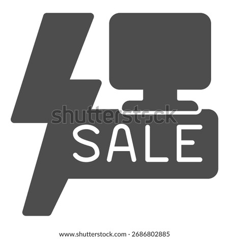 Lightning bolt with text and monitor solid icon, cyber monday concept. Vector graphics. Displays big sale, poster sign on white background, glyph style icon for mobile or web design