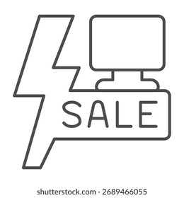 Lightning bolt with text and monitor thin line icon, cyber monday concept. Vector graphics. Displays big sale, poster sign on white background, outline style icon for mobile or web design