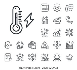 Raio com sinal de termômetro. Ícones de energia, emissão de CO2 e contorno do painel solar. Ícone da linha de eletricidade. Símbolo de energia elétrica. Sinal da linha elétrica. Vetor