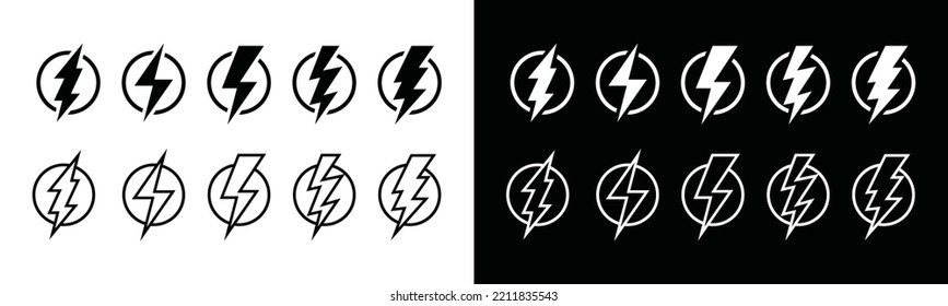 Lightning bolt or thunderbolt for electric current icon vector set. Silhouette flash symbol in the circle flat