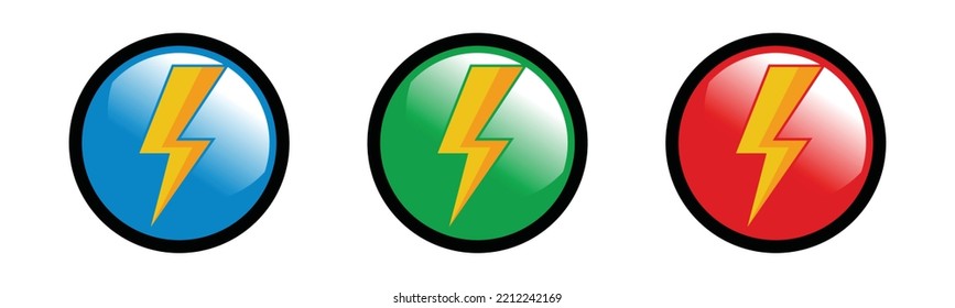 Lightning bolt or thunderbolt for electric current button icon vector set. Silhouette flash symbol in the circle flat	