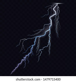 Lightning bolt. Thunderbolt Glowing realistic light effects. Stormy weather, glow and sparkle. Vector