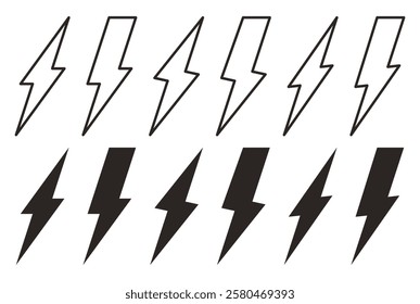 Lightning bolt or thunderbolt icon. Set of lightning bolts icons isolated on white background. Outline and filled thunder bolts. Vector