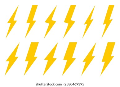 Lightning bolt or thunderbolt icon. Set of lightning bolts icons isolated on white background. Yellow thunderbolts. Vector