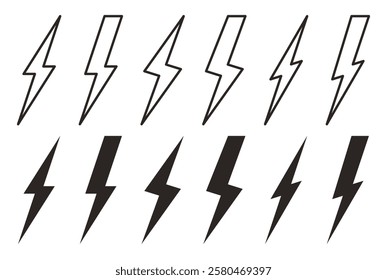 Lightning bolt or thunderbolt icon. Set of lightning bolts icons isolated on white background. Outline and filled thunder bolts. Vector