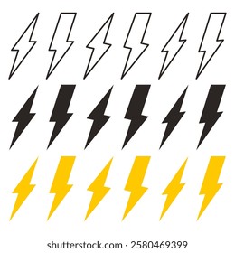 Lightning bolt or thunderbolt icon. Set of lightning bolts icons isolated on white background. Outline, filled and yellow thunder bolts. Vector