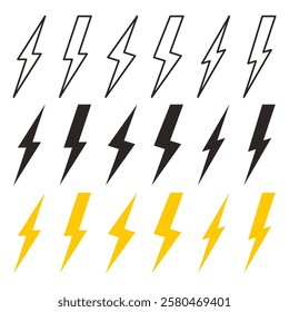 Lightning bolt or thunderbolt icon. Set of lightning bolts icons isolated on white background. Outline, filled and yellow thunder bolts. Vector