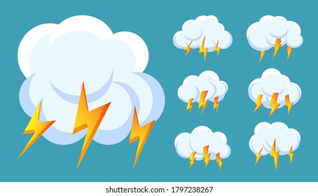 Juego de iconos de nube de tormentas relámpago con tornillos. Diseñar un símbolo de tiempo para web o aplicación. Distinto signo de flash de choque brillante rápido. Ataque con el logotipo de señas, truenos y relámpagos. Ilustración vectorial aislada