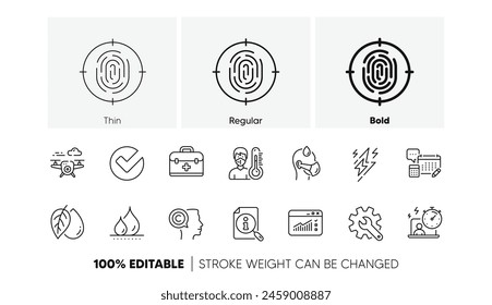 Lightning bolt, Timer and Sick man line icons. Pack of Mineral oil, Thermometer, Account icon. Drone, First aid, Writer pictogram. Verify, Customisation, Search. Waterproof, Fingerprint. Vector