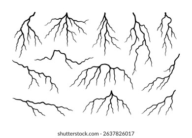Lightning Bolt Vector Illustration Set, Thunderstorm Energy Strike Graphic Elements