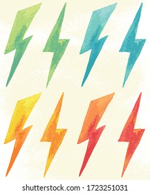 Juego de motivos vectoriales de rayo. Elementos textuales pintados a mano. Iconos de varios colores.