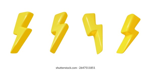 Lightning bolt vector set. 3D thunder icons for electric flash, power, fast delivery or sale concept. Thunderstorm energy design elements on transparent background.