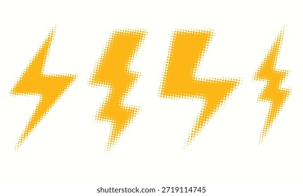 Lightning bolt vector symbols with halftone texture, expressing energy, power, and dynamic electric concepts.