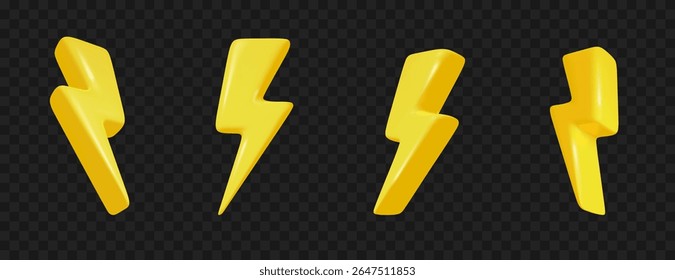 relâmpagos 3d. Símbolos de trovão em várias formas para energia, trovoada, eletricidade, desconto ou ícones de perigo. Ilustração isolada de vetor.