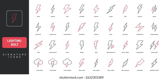 Raios de diferentes formas, energia e potência, conjunto de ícone de linha de traçado de trovão. Carga de flash de choque, sinal de bateria elétrica, thunderbolt fino preto e vermelho esboço símbolos ilustração vetorial