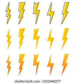 Juego de iconos de tornillos relámpago. Colección de señales de alto voltaje. Tornillo de caricatura, paro de iluminación, símbolo de flash. Pictograma cargador de batería. Ilustración del vector