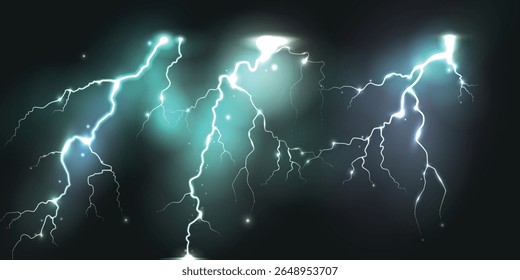 Raios isolados em preto, impacto elétrico Thunder. Tempestade e relâmpagos