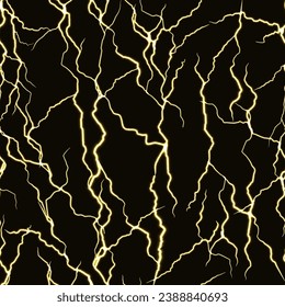 Lightning bolts on black background. Seamless vector background with thunder storm. Electric discharge similar to black and yellow marble texture. Bright flash in the night. Repeating background.