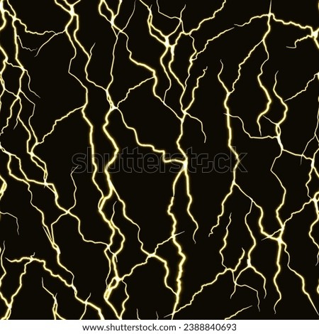 Lightning bolts on black background. Seamless vector background with thunder storm. Electric discharge similar to black and yellow marble texture. Bright flash in the night. Repeating background.