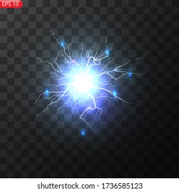 Lightning bolts realistic vector illustration. Powerful thunderstorm electricity discharge isolated on black background. Blue thunderbolt flare. Stormy weather symbol design element