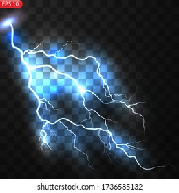 Tornillos relámpago ilustran el vector de manera realista. Poderosa tormenta eléctrica descargada aislada en el fondo negro. Esparadrapo azul. Elemento de diseño de símbolo meteorológico de tormenta
