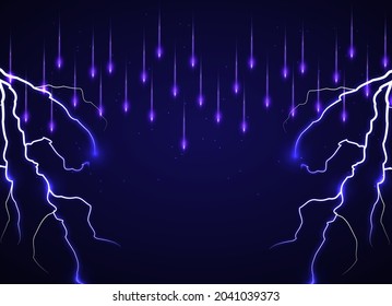 Lightning bolts realistic vector illustration. Powerful thunderstorm electricity discharge isolated on black background. Blue thunderbolt flare. Stormy weather symbol design element
