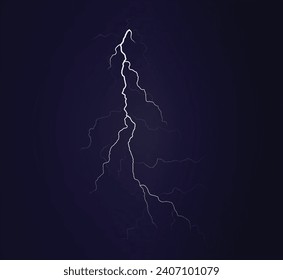 Lightning bolts realistic vector illustration. Thunderstorm electricity discharge on a blue background. Natural phenomena, blue thunderbolt flares. Rainy weather design elements