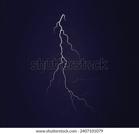 Lightning bolts realistic vector illustration. Thunderstorm electricity discharge on a blue background. Natural phenomena, blue thunderbolt flares. Rainy weather design elements