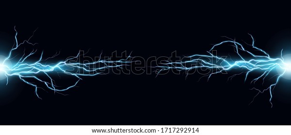 Lightning bolts realistic vector illustration.\
Powerful thunderstorm electricity discharge isolated on black\
background. Blue thunderbolt flare. Stormy weather symbol design\
element