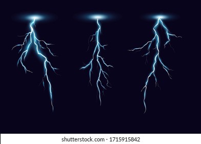 Lightning bolts realistic vector illustrations set. Thunderstorm electricity discharge isolated on black background. Natural phenomena, blue thunderbolt flares. Rainy weather design elements